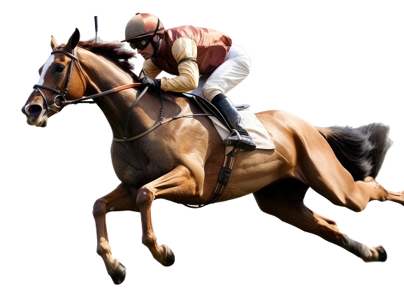 A jockey dressed in brown and beige leans forward on a galloping brown horse, against a black background, expressing speed and concentration.