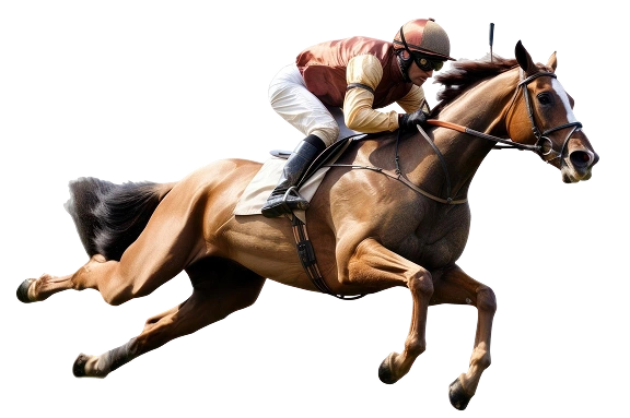 A jockey dressed in brown and beige leans forward on a galloping brown horse, against a black background, expressing speed and concentration.