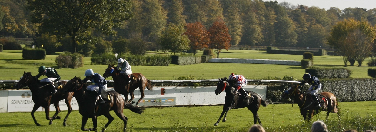 Horse race with jockeys dressed in colorful outfits competing on a green track under a clear sky. In the foreground, spectators watch attentively.